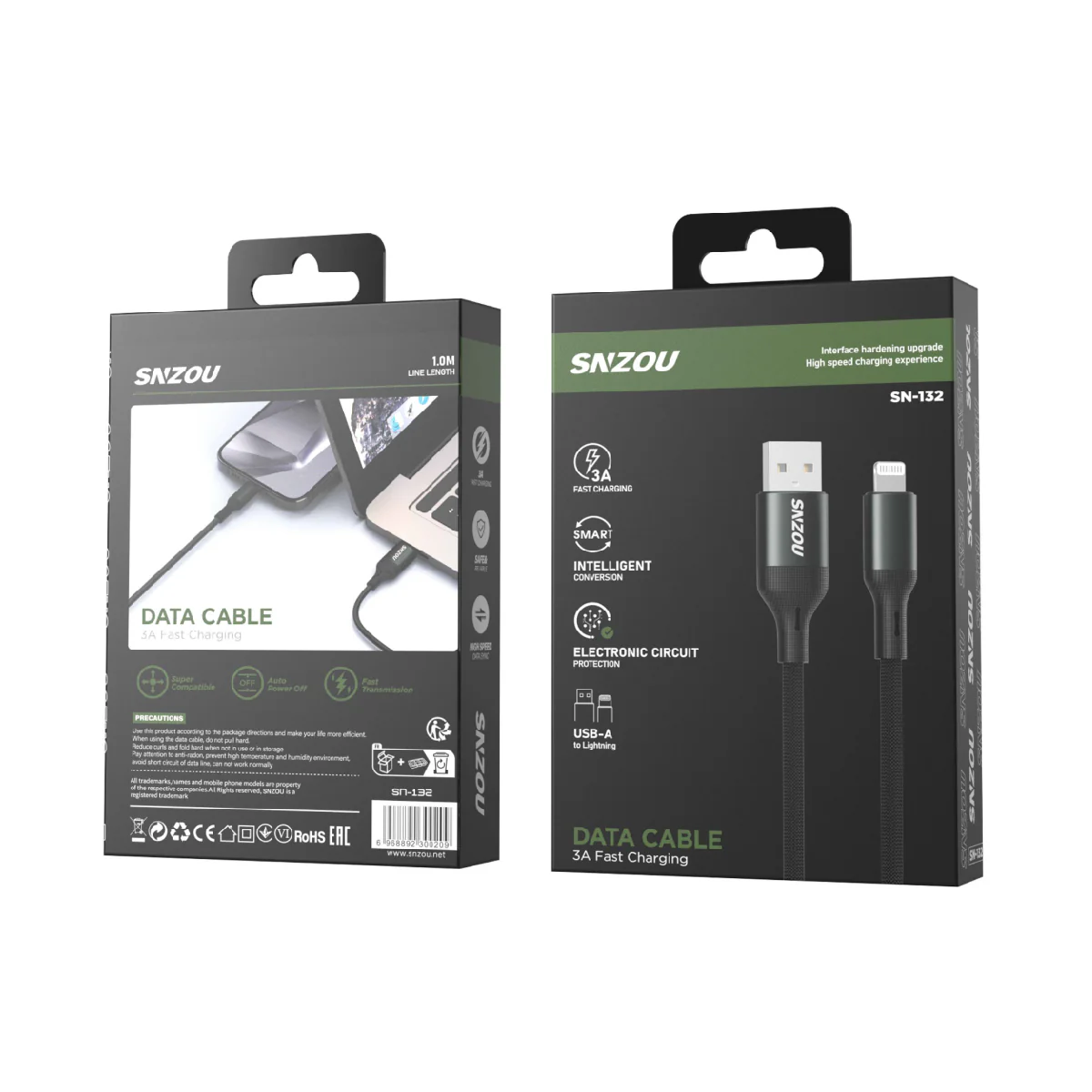 Snzou SN-132 SmartCharge 3A USB-A to Lightning 1m Cable - Black - Image 3